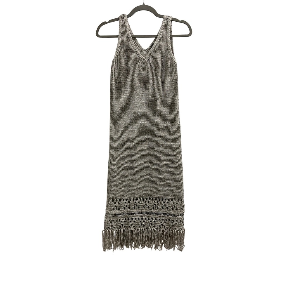 Elie Tahari Metallic Knit Midi Dress Crochet Fringe Hem Champagne Gold XS